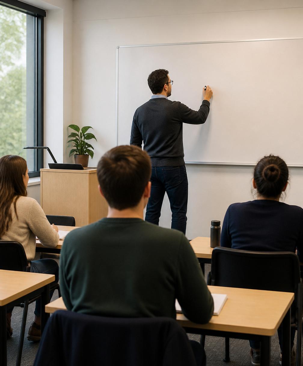 Teacher presenting at the front of a university lecture hall