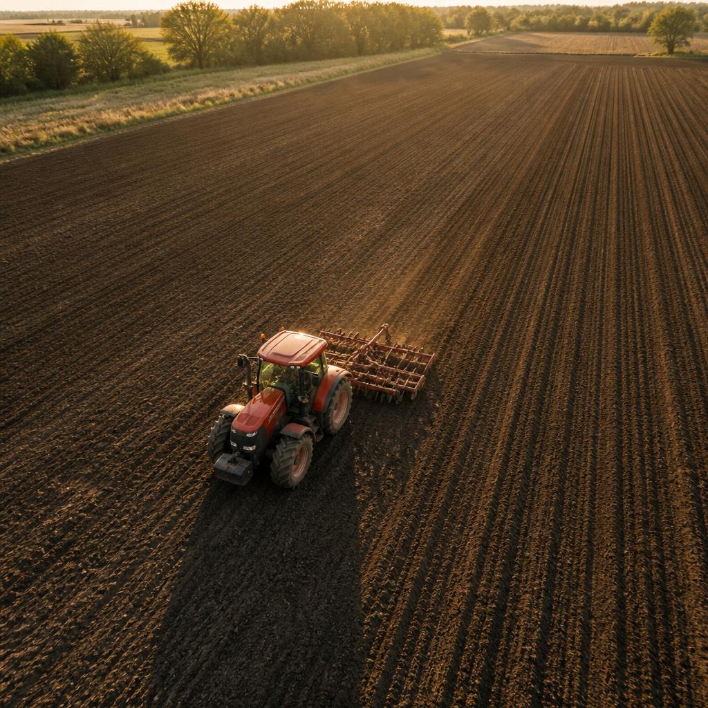Aerial view of a red tractor tilling a vast agricultural field at golden hour